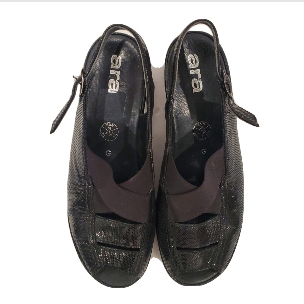 Ara Black Leather Elastic Sandals